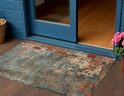 3' X 5' Pale Aqua Copper And Beige Abstract Washable Indoor Outdoor Area Rug
