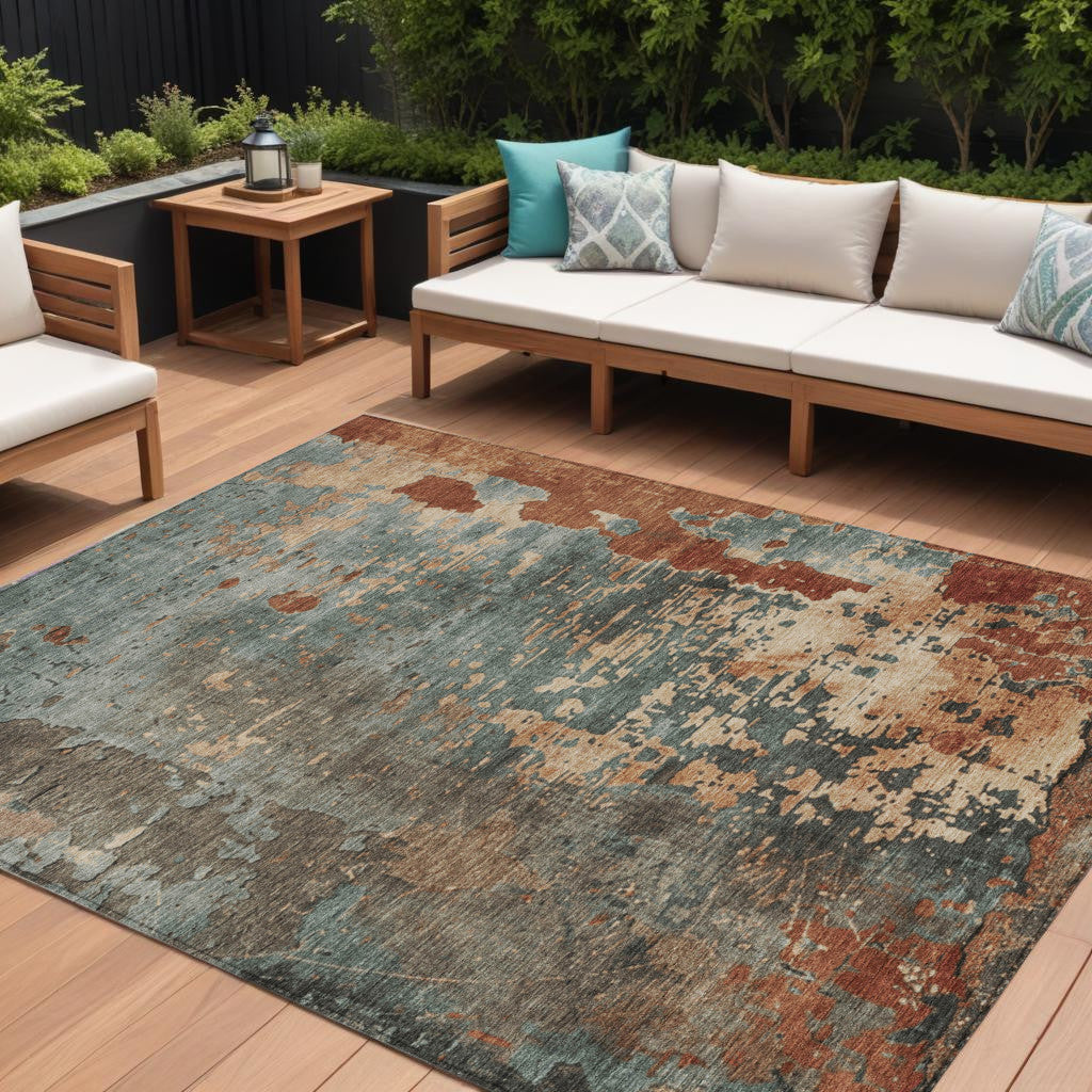 9' X 12' Pale Aqua Copper And Beige Abstract Washable Indoor Outdoor Area Rug