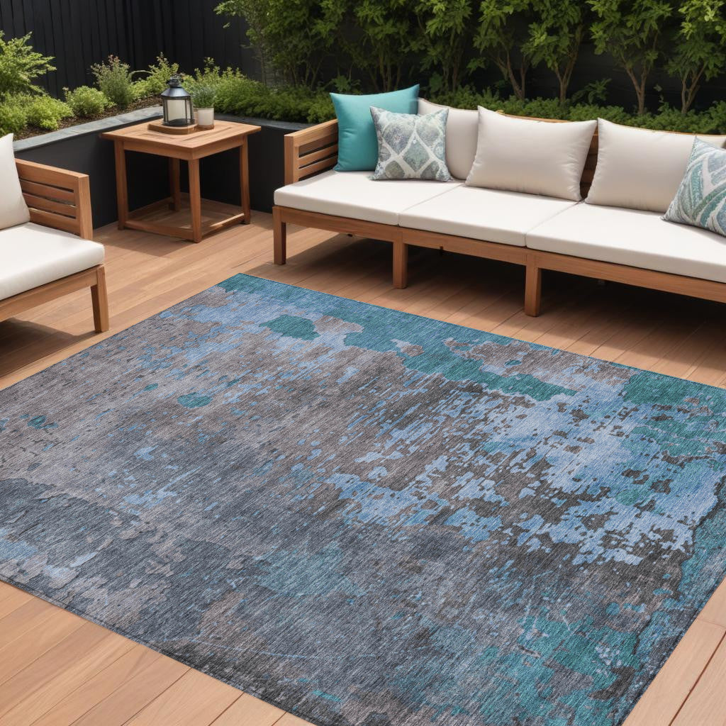 9' X 12' Teal Blue Taupe And Sky Blue Abstract Washable Indoor Outdoor Area Rug