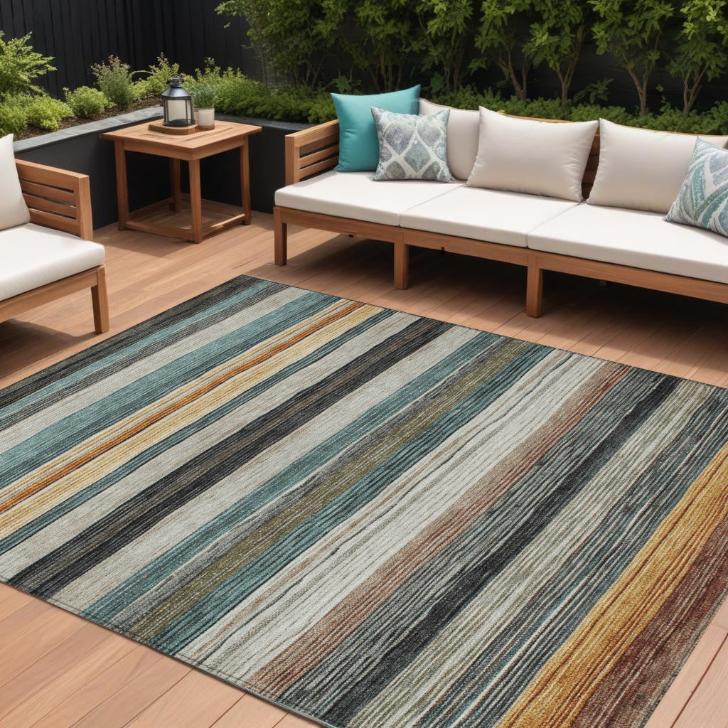 10' X 14' Beige Gold Brown And Taupe Striped Washable Indoor Outdoor Area Rug