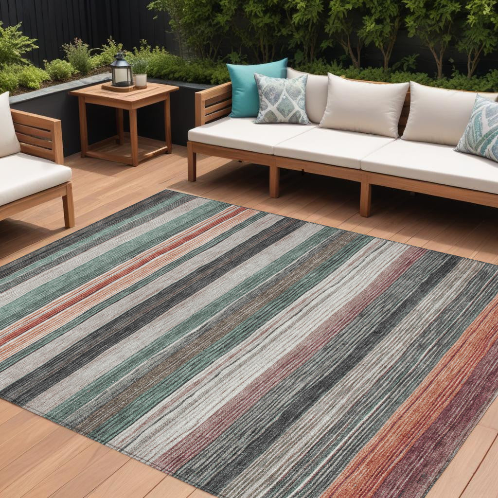 9' X 12' Pale Aqua Copper And Taupe Striped Washable Indoor Outdoor Area Rug