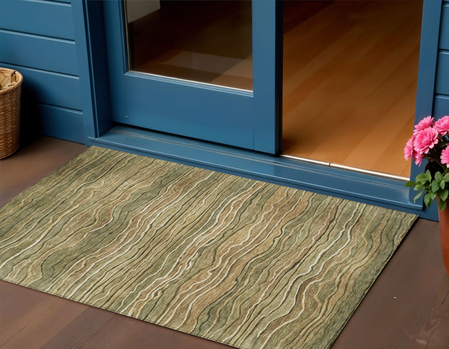 3' X 5' Fern Green And Taupe Abstract Washable Indoor Outdoor Area Rug