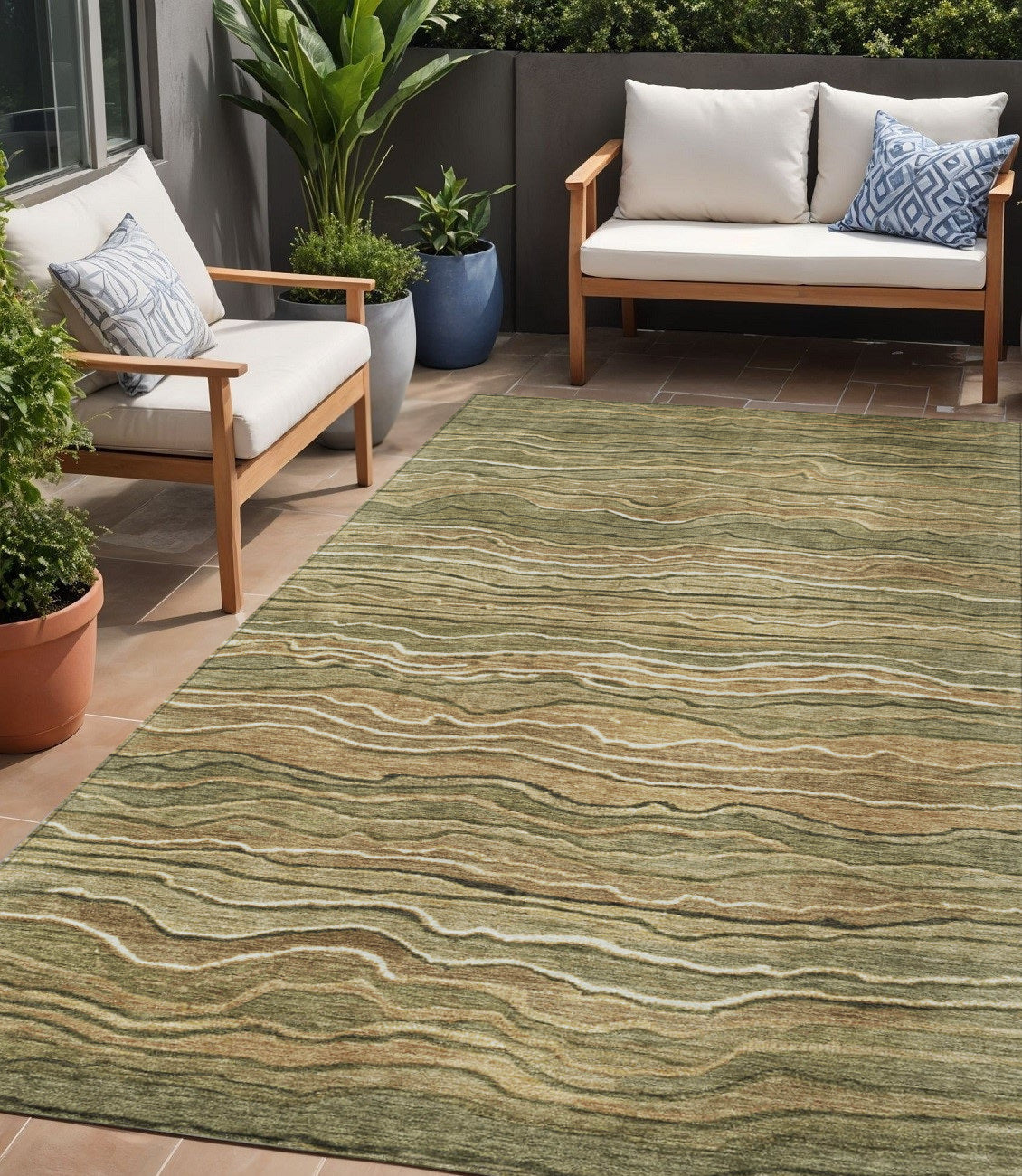 5' X 8' Fern Green And Taupe Abstract Washable Indoor Outdoor Area Rug