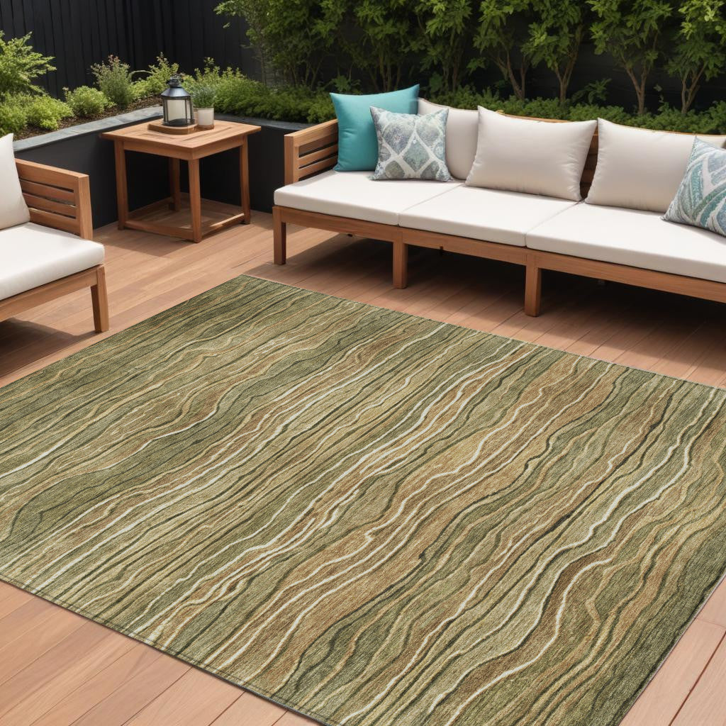 9' X 12' Fern Green And Taupe Abstract Washable Indoor Outdoor Area Rug