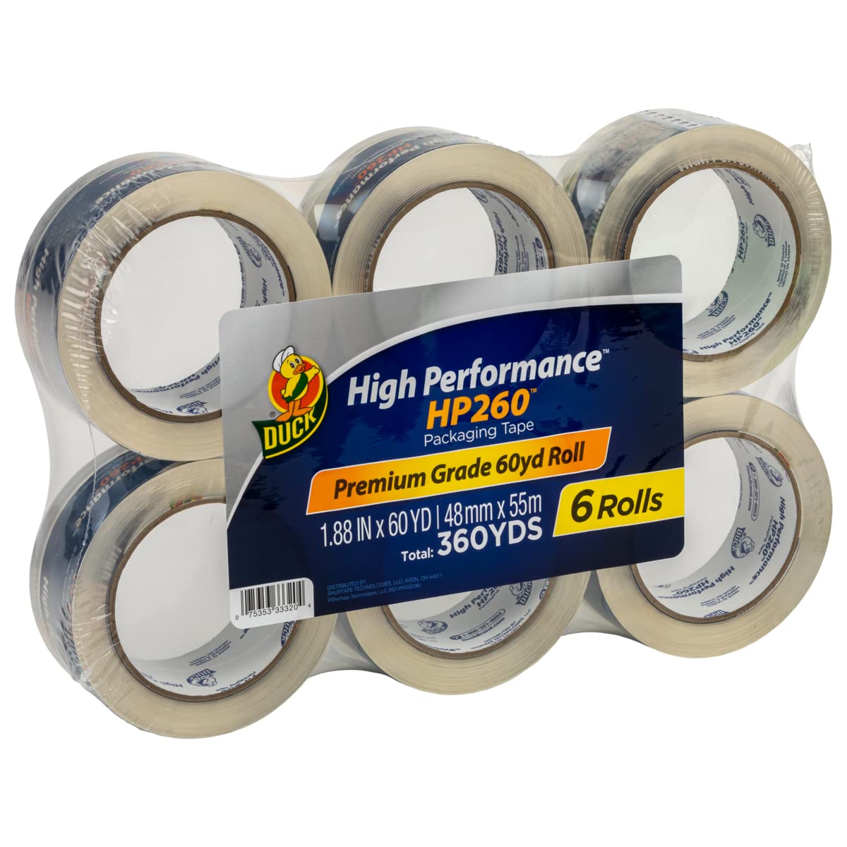 Duck Brand Hp260 High Performance 3.1 Mil Packaging Tape, 1.88-Inch X 60 Yard Roll, Crystal Clear, 6 Rolls