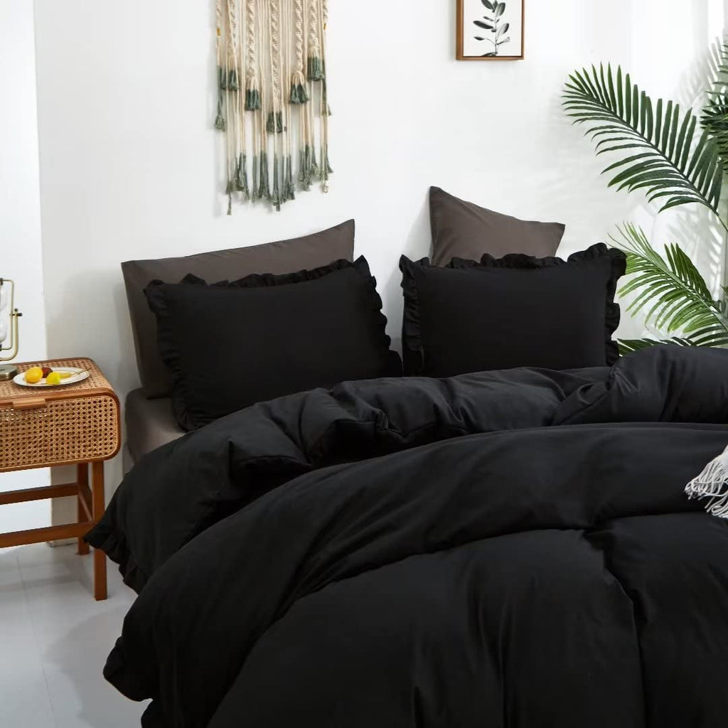 Clothknow Black Comforter Set Full Black Ruffle Bedding Comforter Sets Full Men Boys Women Comforter All Black Bedding Ruffle Comforter Farmhouse Comforter Shabby Chic Bedding