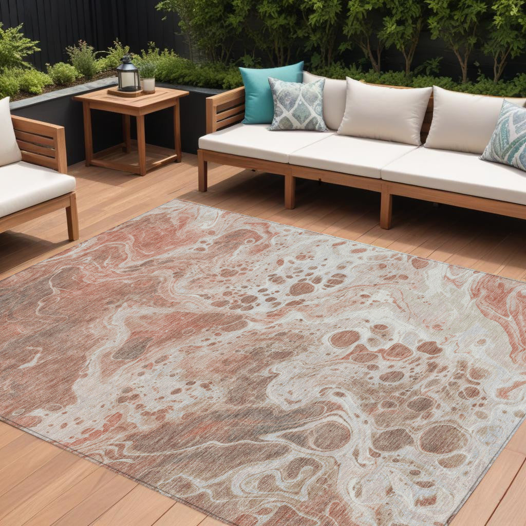 9' X 12' Rust And Ivory Abstract Washable Indoor Outdoor Area Rug
