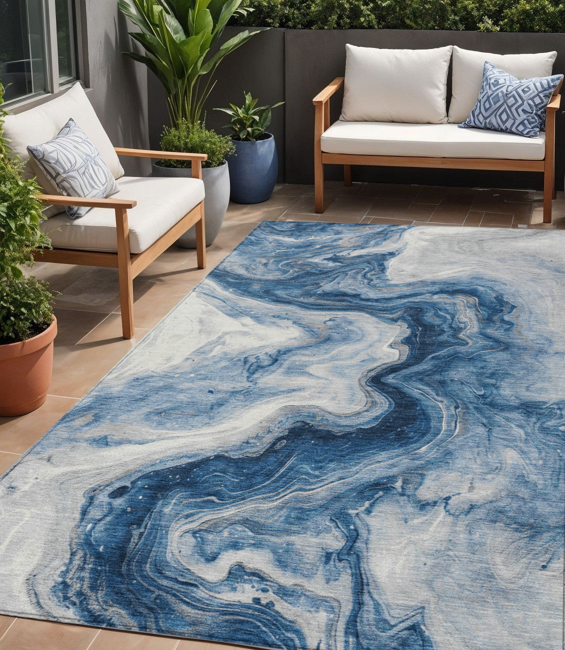 5' X 8' Navy Blue And Silver Abstract Washable Indoor Outdoor Area Rug