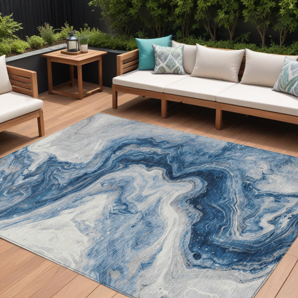 9' X 12' Navy Blue And Silver Abstract Washable Indoor Outdoor Area Rug