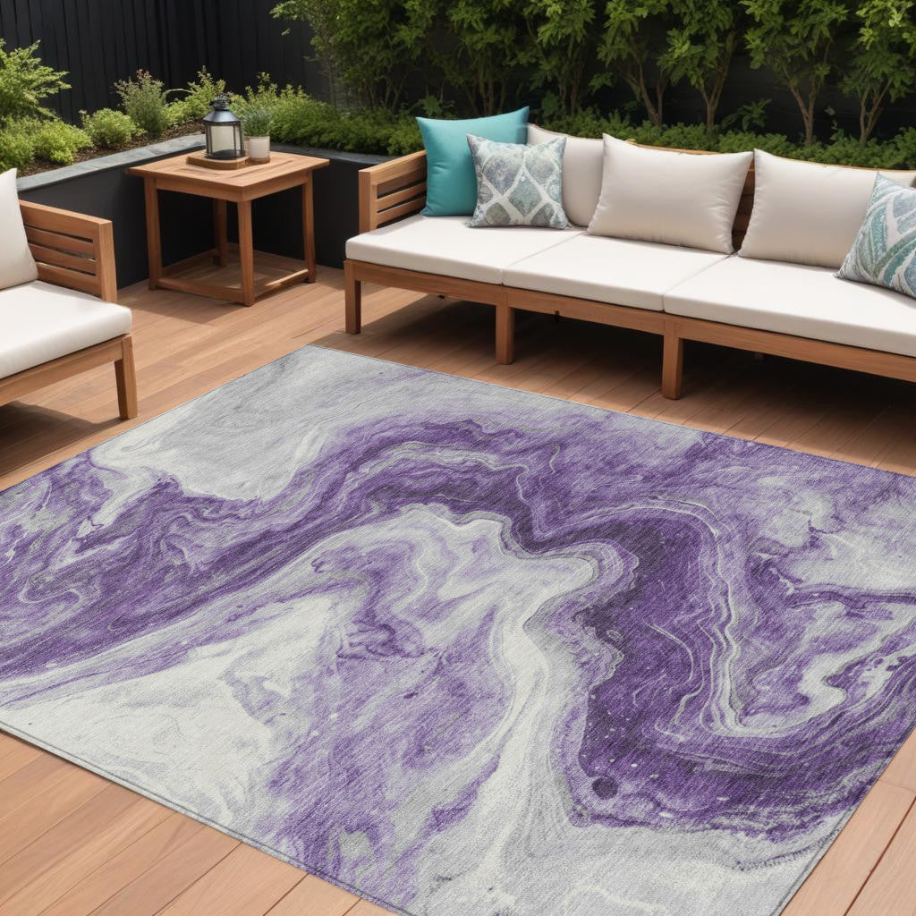 9' X 12' Purple And Silver Abstract Washable Indoor Outdoor Area Rug