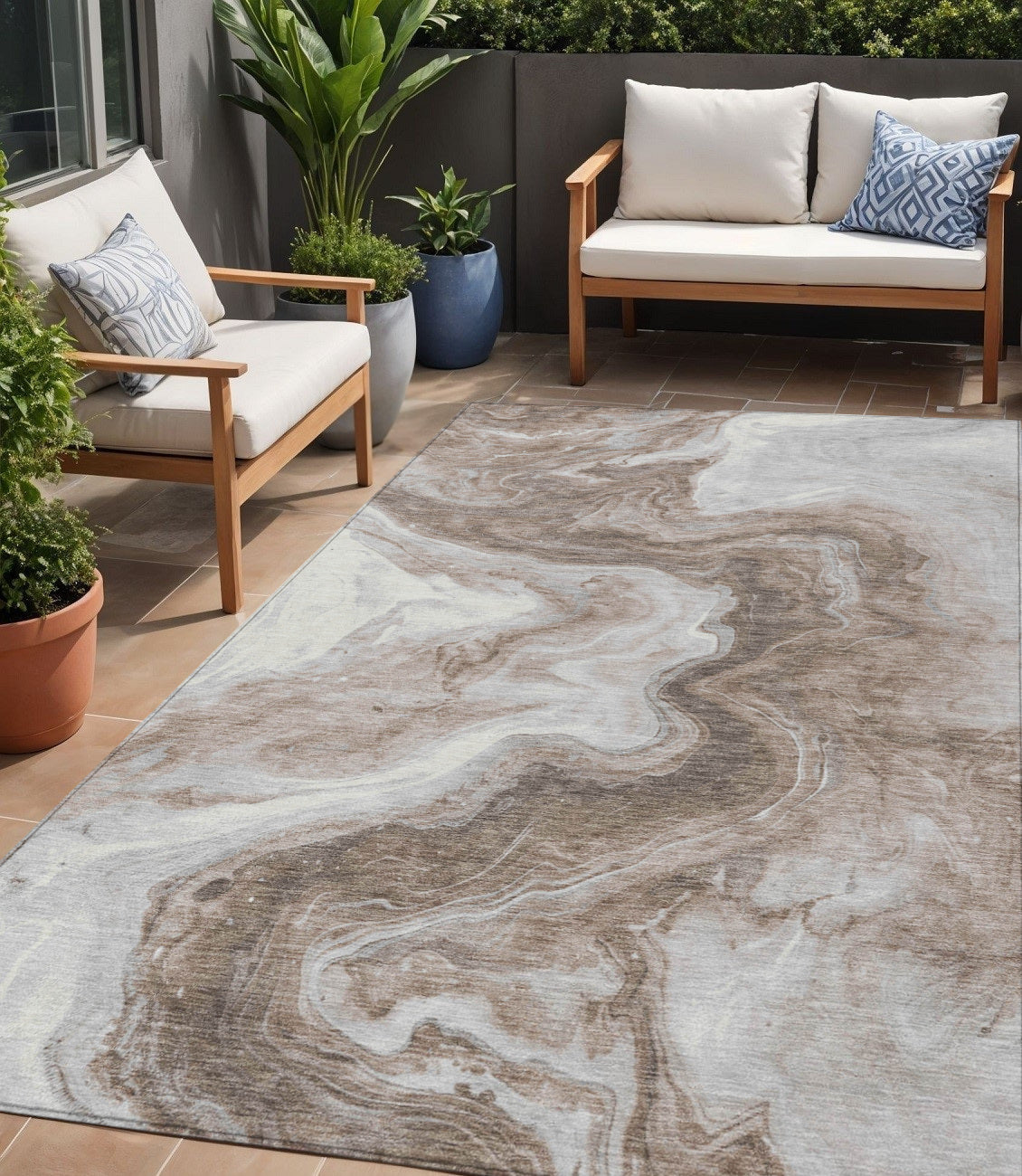5' X 8' Taupe And Silver Abstract Washable Indoor Outdoor Area Rug