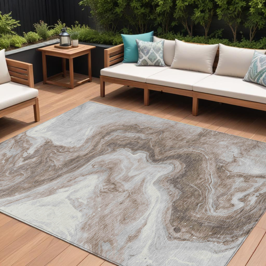 9' X 12' Taupe And Silver Abstract Washable Indoor Outdoor Area Rug