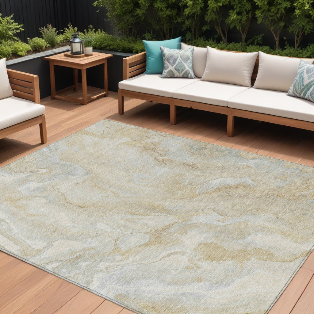 10' X 14' Beige And Silver Abstract Washable Indoor Outdoor Area Rug