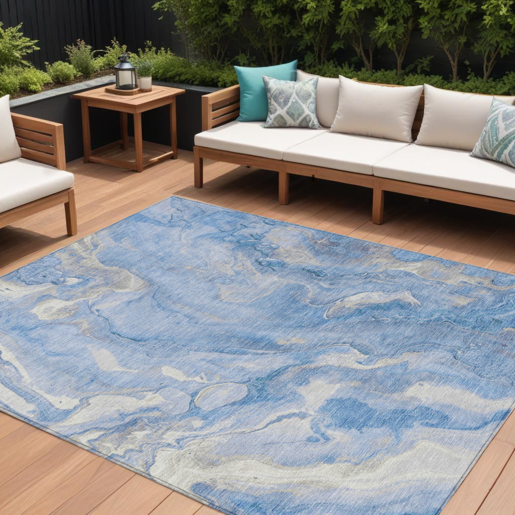 9' X 12' Blue And Silver Abstract Washable Indoor Outdoor Area Rug
