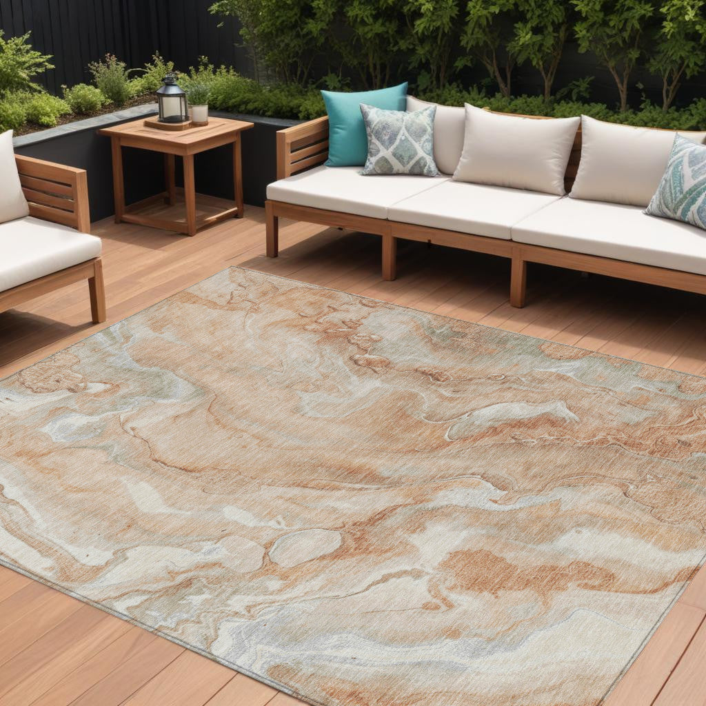 9' X 12' Salmon And Silver Abstract Washable Indoor Outdoor Area Rug