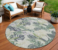 8' Artichoke Green Lavender And Ivory Round Botanical Leaves Washable Indoor Outdoor Area Rug