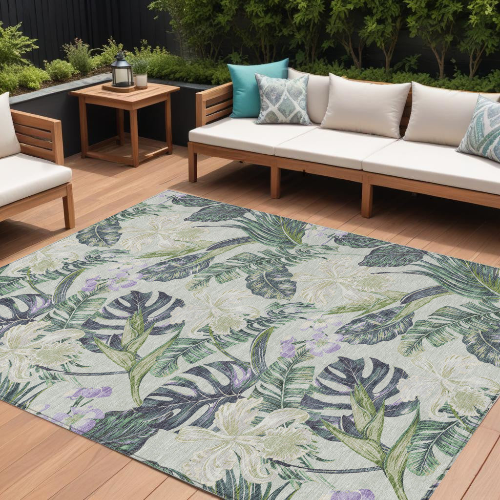 10' X 14' Artichoke Green Lavender And Ivory Botanical Leaves Washable Indoor Outdoor Area Rug