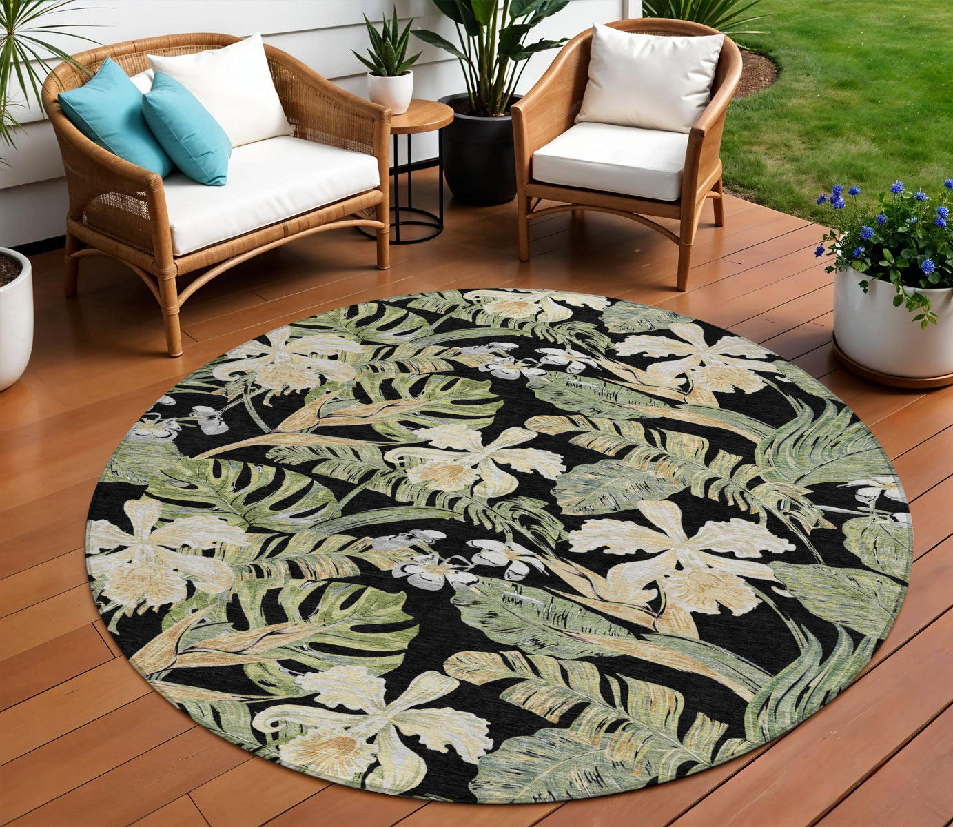 8' Black Beige And Fern Green Round Botanical Leaves Washable Indoor Outdoor Area Rug