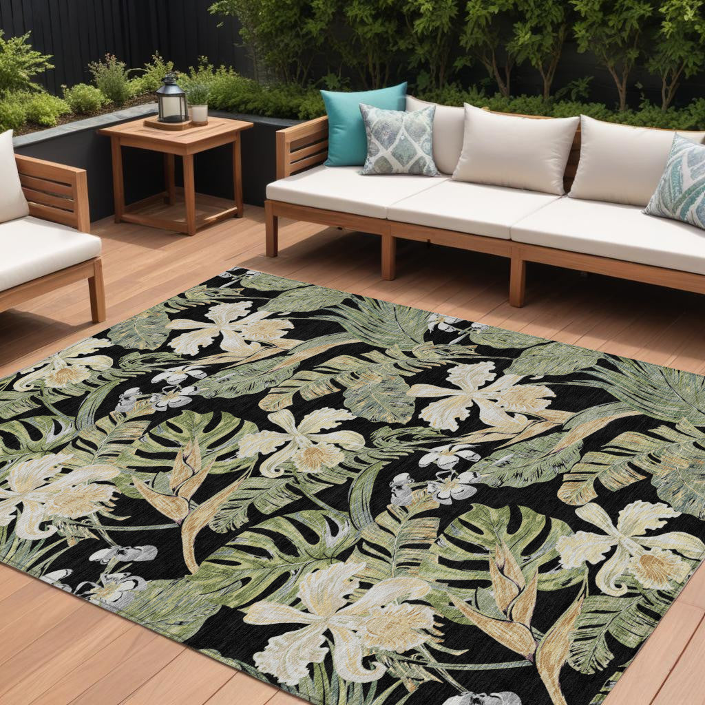 10' X 14' Black Beige And Fern Green Botanical Leaves Washable Indoor Outdoor Area Rug