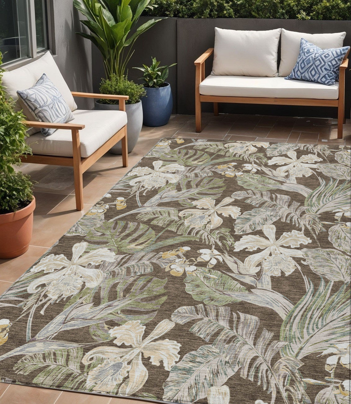 5' X 8' Brown Beige And Olive Green Botanical Leaves Washable Indoor Outdoor Area Rug