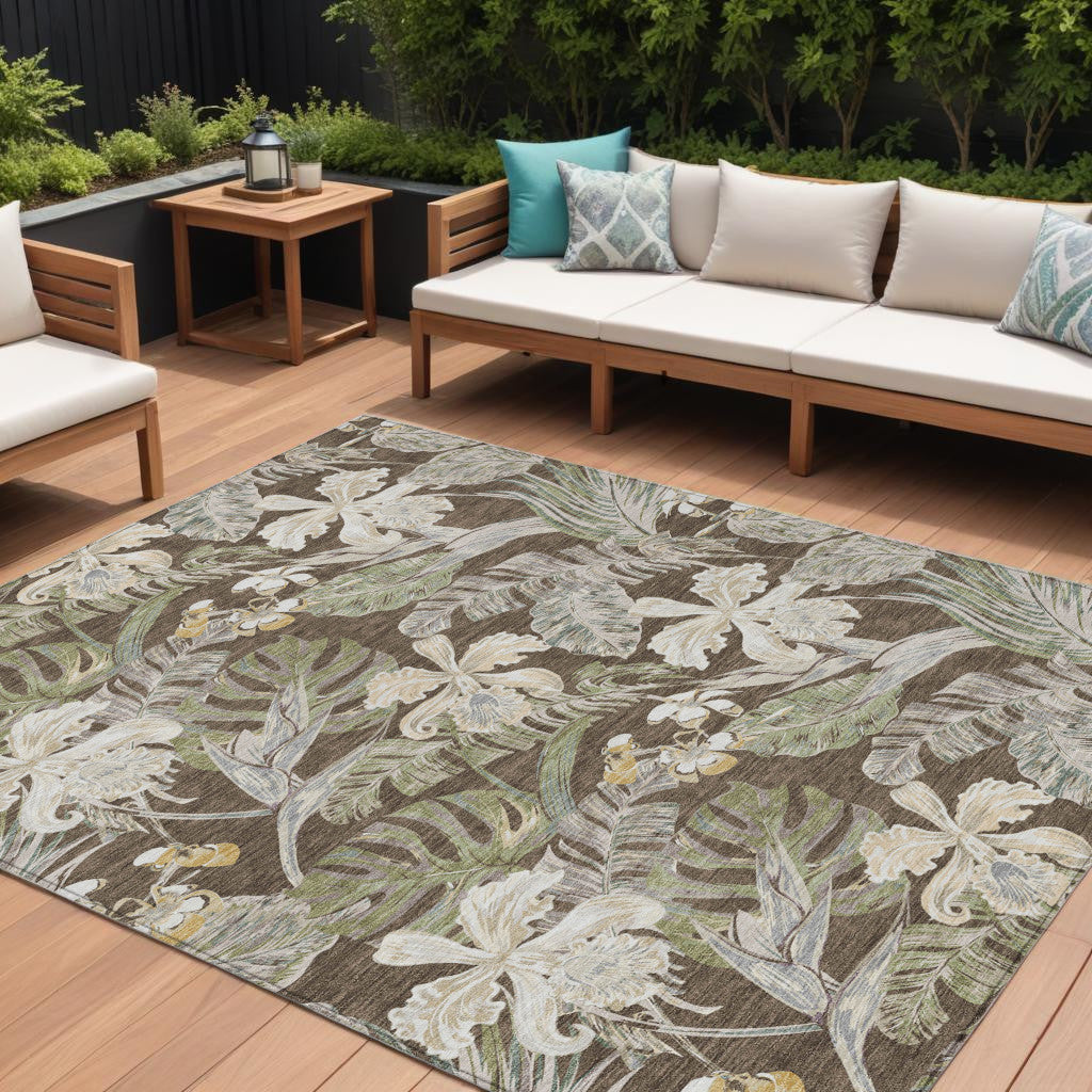 9' X 12' Brown Beige And Olive Green Botanical Leaves Washable Indoor Outdoor Area Rug