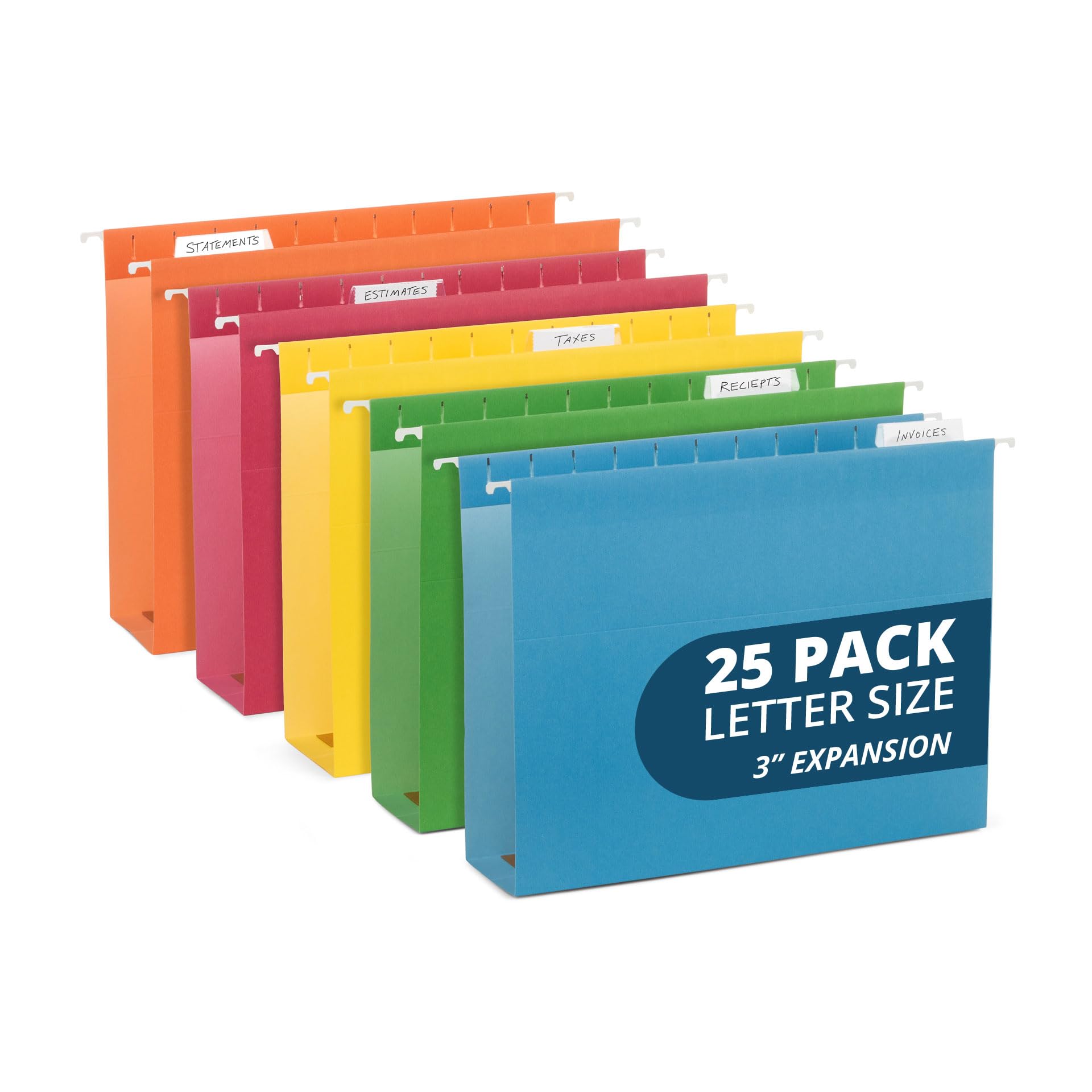 25 Blue Summit Supplies Hanging File Folders 3 Inch Expansion, Letter Size, Assorted Colors, 3 Inch Hanging File Folders, 11Pt P