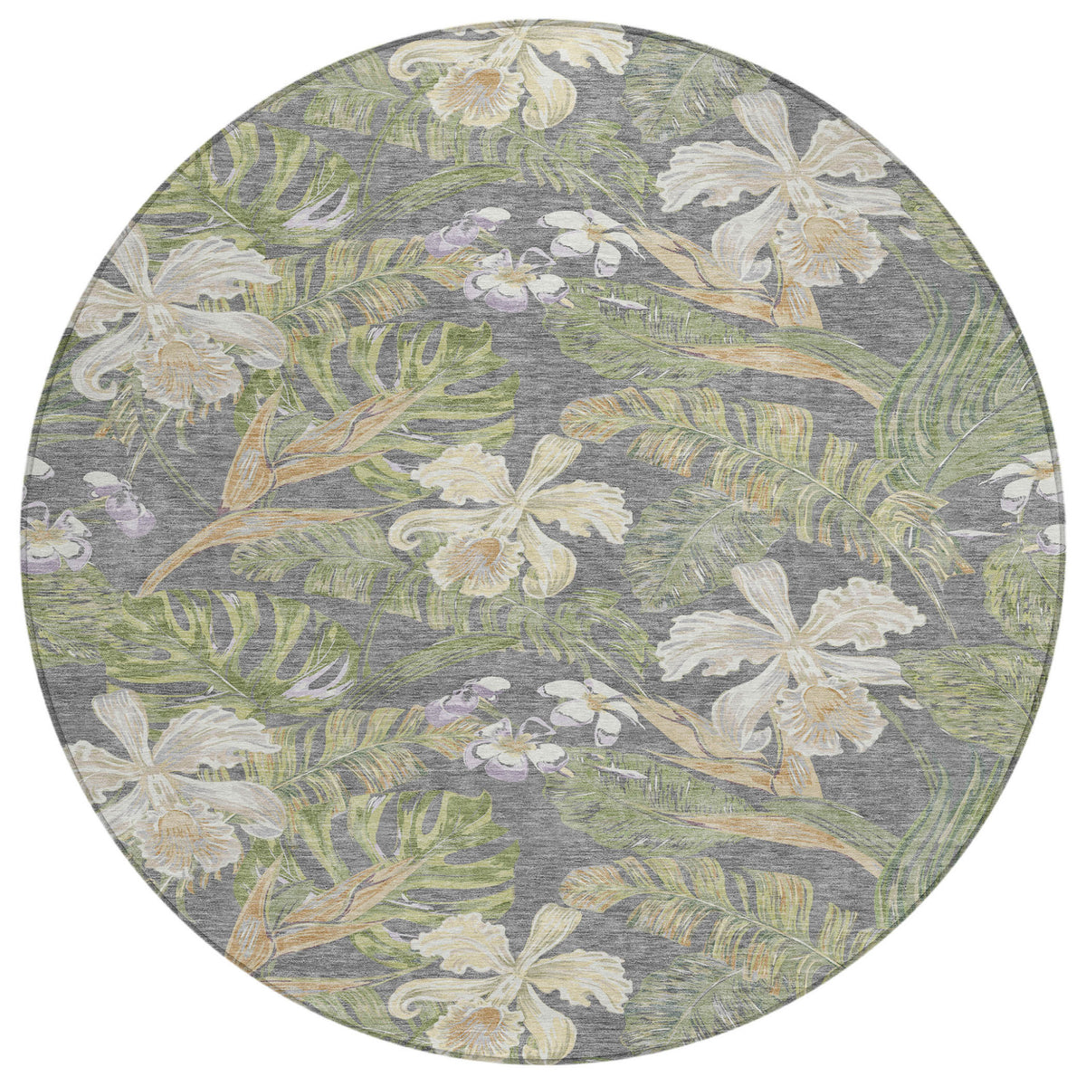 8' Gray Beige And Olive Green Round Botanical Leaves Washable Indoor Outdoor Area Rug