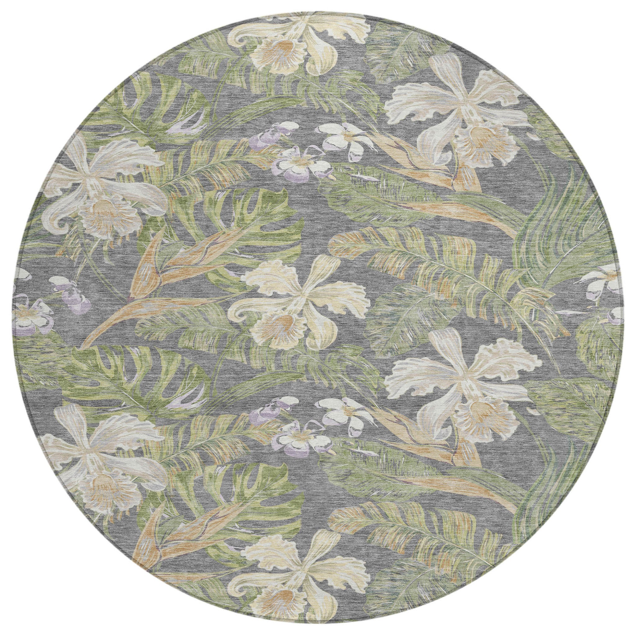 8' Gray Beige And Olive Green Round Botanical Leaves Washable Indoor Outdoor Area Rug