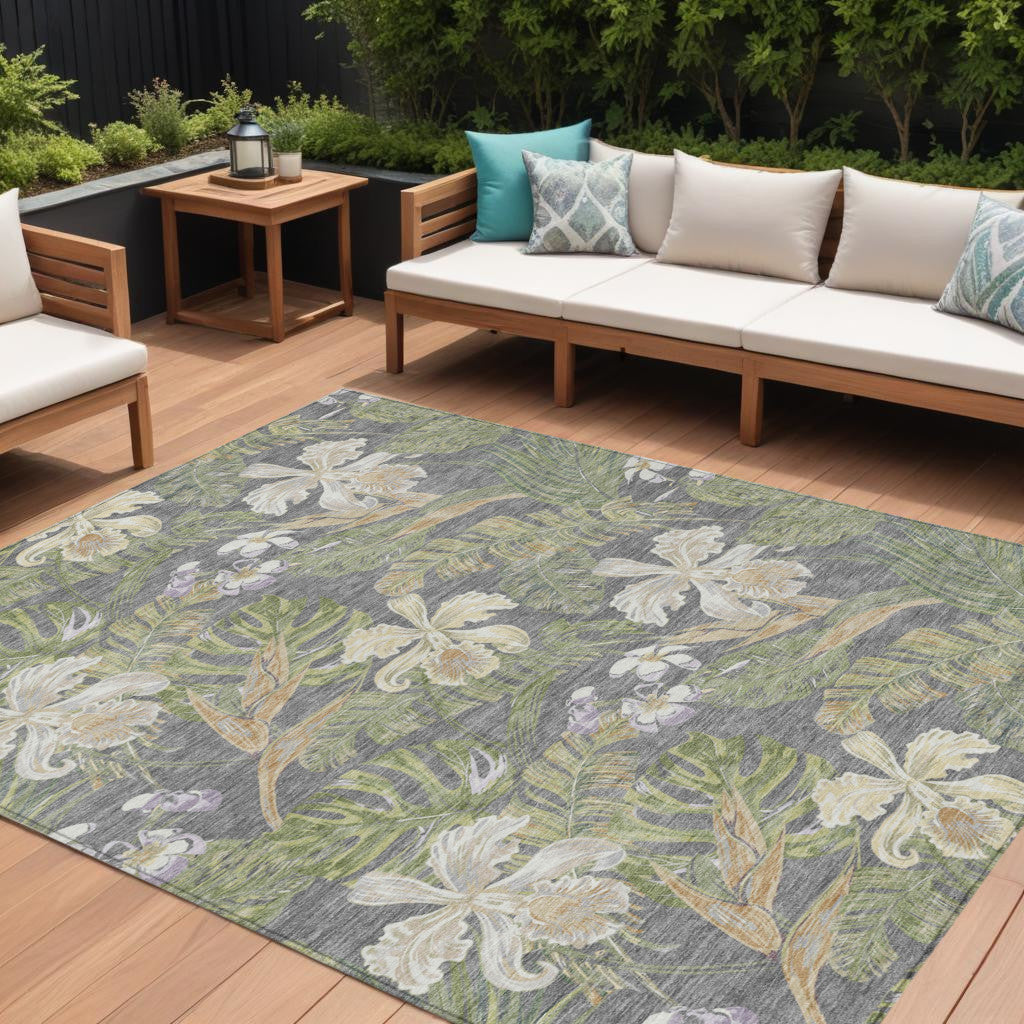 9' X 12' Gray Beige And Olive Green Botanical Leaves Washable Indoor Outdoor Area Rug