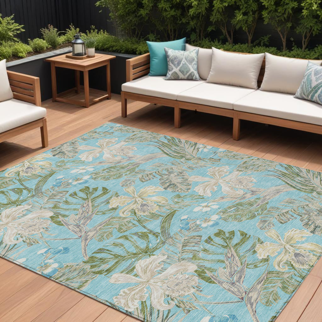 9' X 12' Teal Blue Olive Green And Beige Botanical Leaves Washable Indoor Outdoor Area Rug