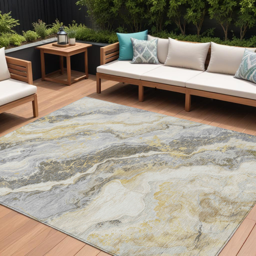 9' X 12' Gold And Silver Abstract Washable Indoor Outdoor Area Rug