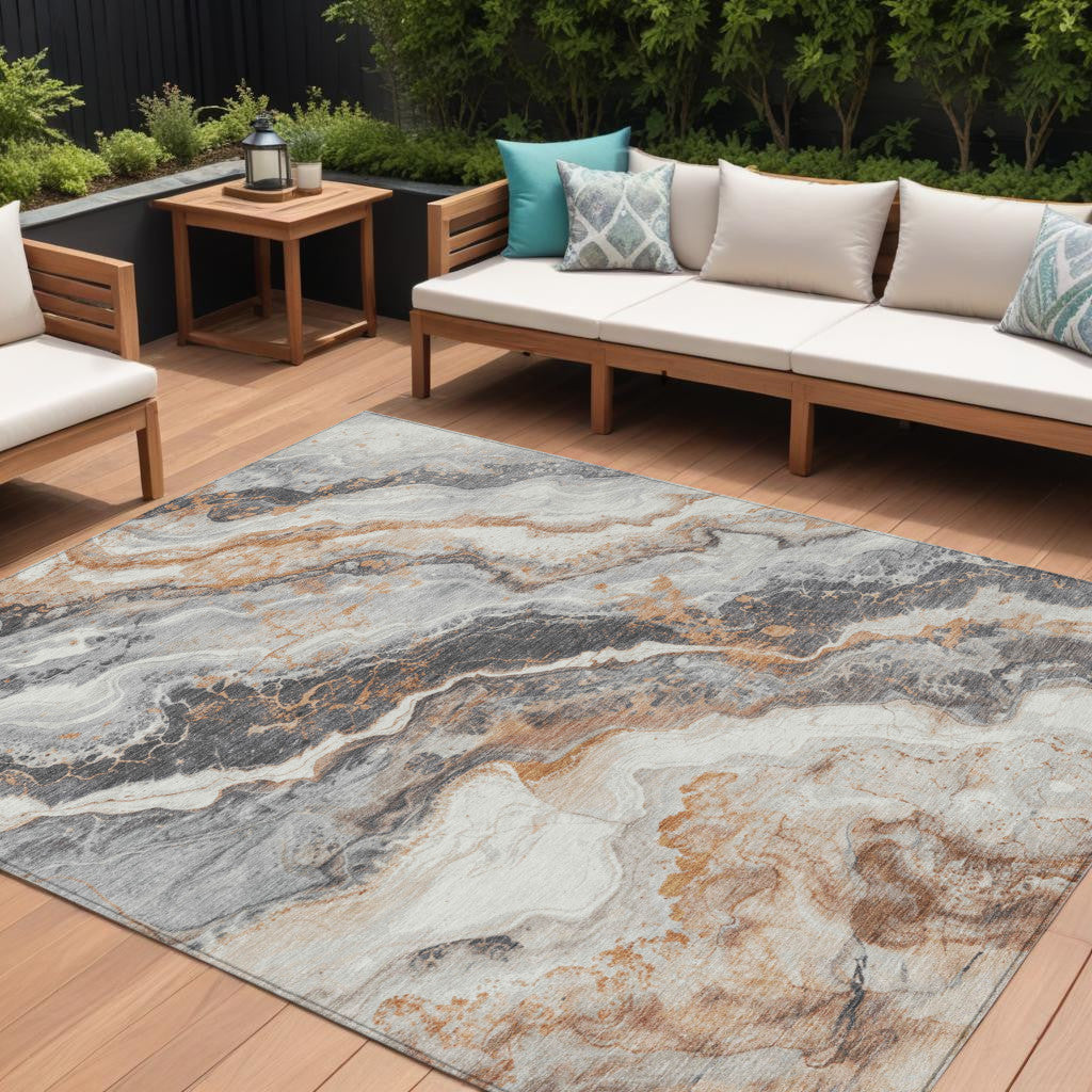 9' X 12' Silver And Copper Abstract Washable Indoor Outdoor Area Rug