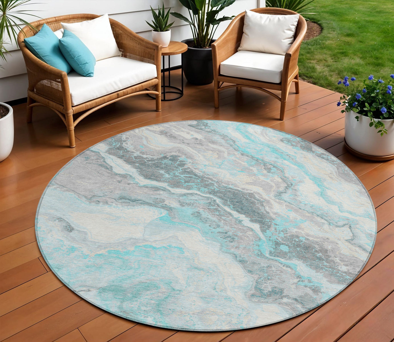 8' Teal Blue And Silver Round Abstract Washable Indoor Outdoor Area Rug