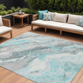 8' X 10' Teal Blue And Silver Abstract Washable Indoor Outdoor Area Rug