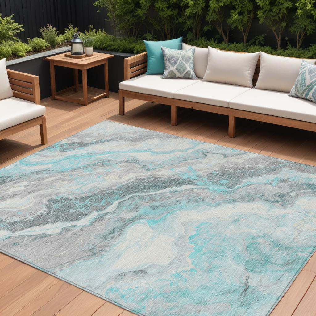8' X 10' Teal Blue And Silver Abstract Washable Indoor Outdoor Area Rug