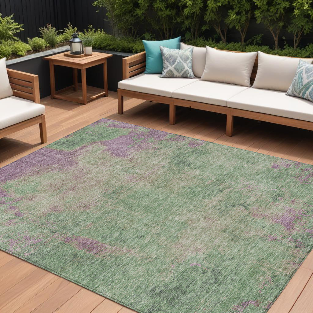 10' X 14' Artichoke Green And Eggplant Abstract Washable Indoor Outdoor Area Rug