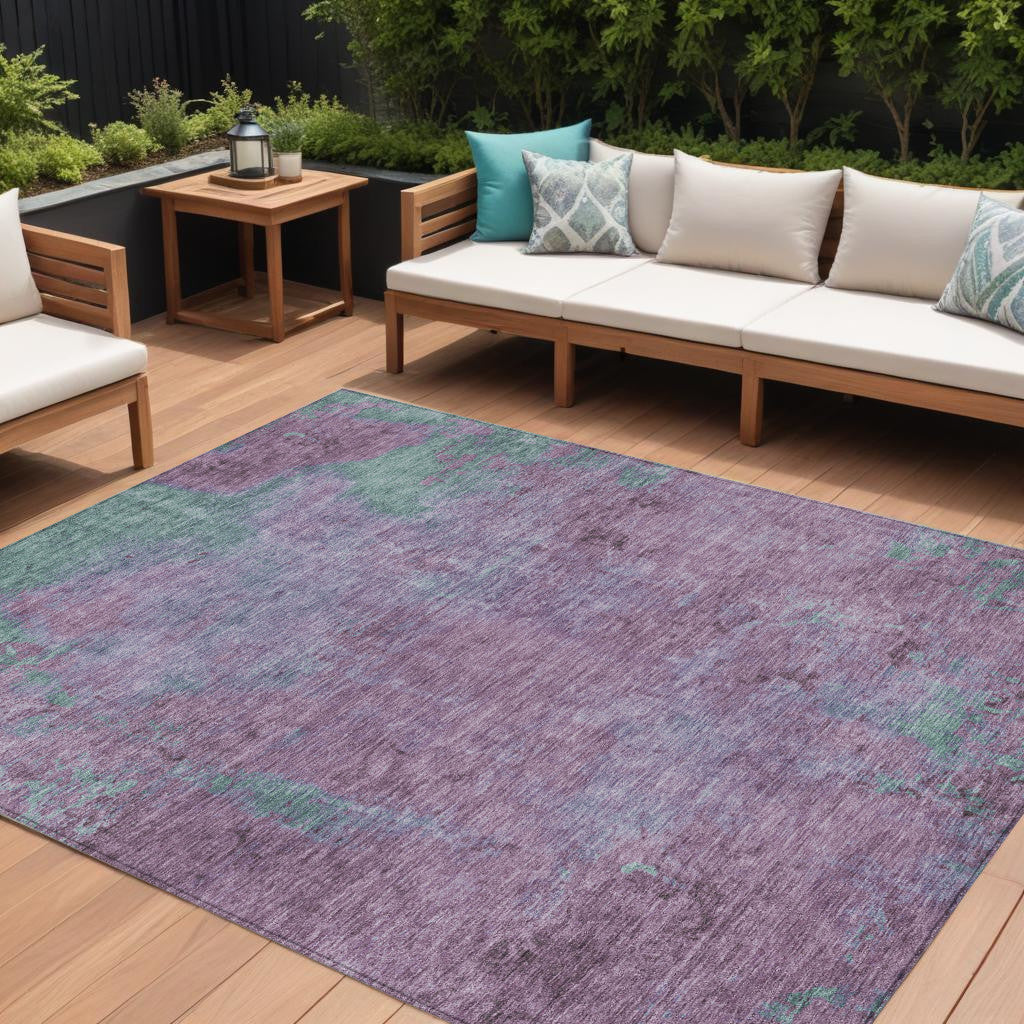 9' X 12' Lavender And Teal Blue Abstract Washable Indoor Outdoor Area Rug
