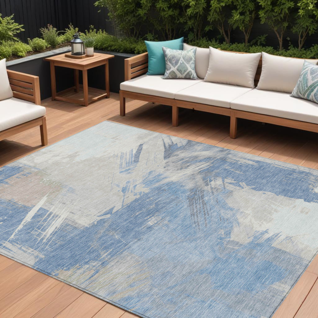 10' X 14' Denim Blue Beige And Ivory Abstract Washable Indoor Outdoor Area Rug