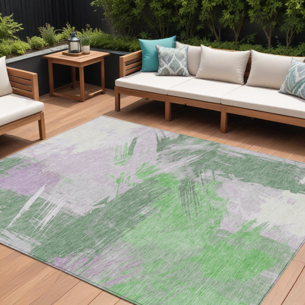 9' X 12' Green Lavender And Ivory Abstract Washable Indoor Outdoor Area Rug