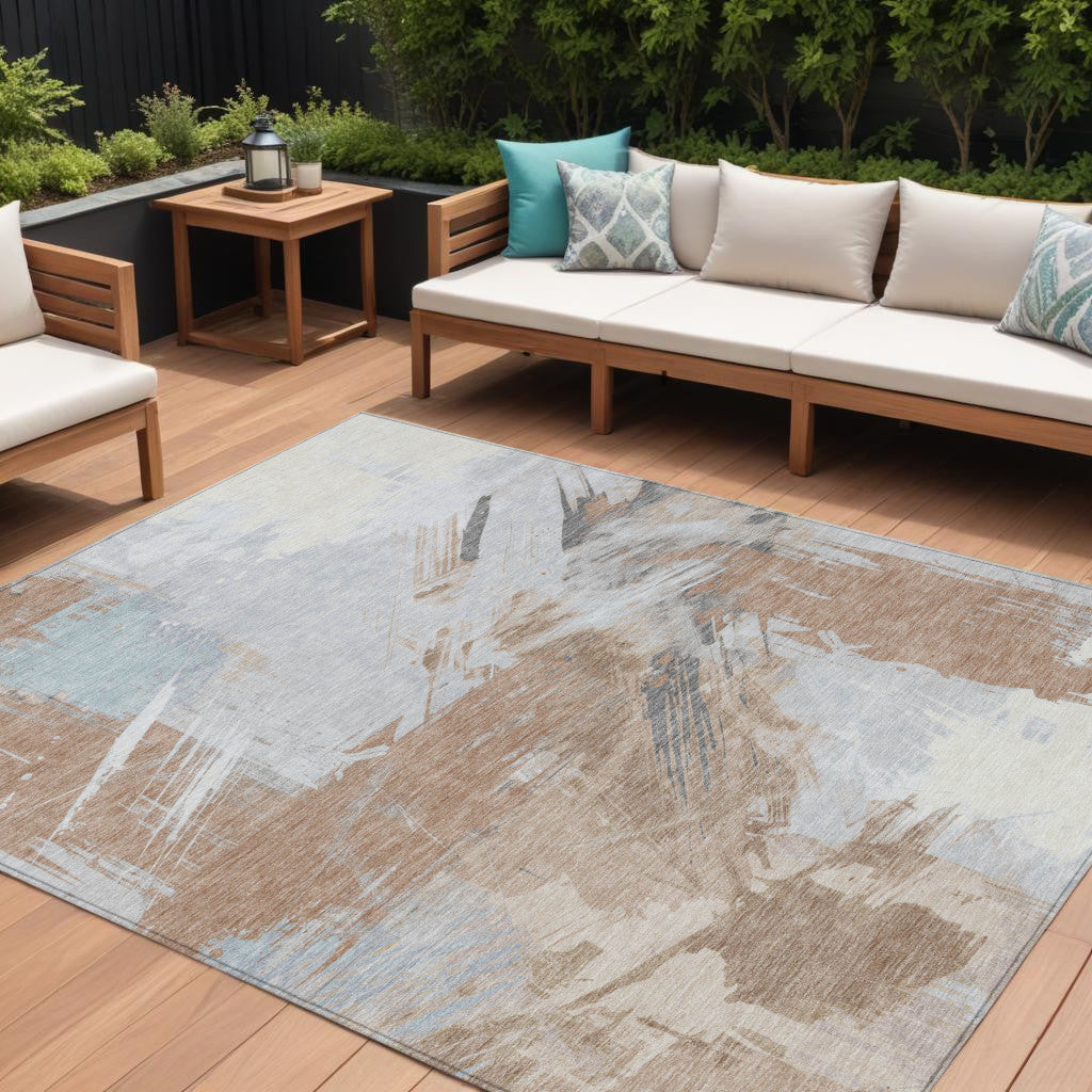 9' X 12' Rust Gray And Ivory Abstract Washable Indoor Outdoor Area Rug