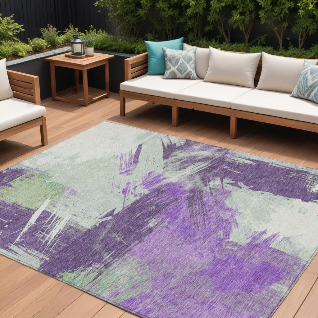 9' X 12' Purple Mint Green And Ivory Abstract Washable Indoor Outdoor Area Rug