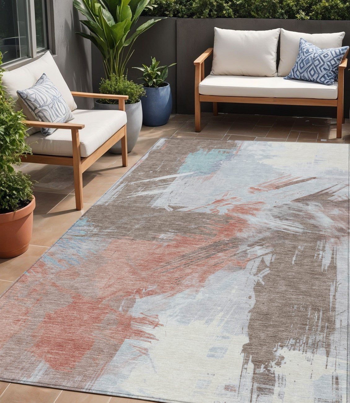 5' X 8' Taupe Copper And Ivory Abstract Washable Indoor Outdoor Area Rug