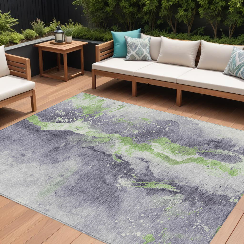 9' X 12' Lavender And Lime Green Abstract Washable Indoor Outdoor Area Rug