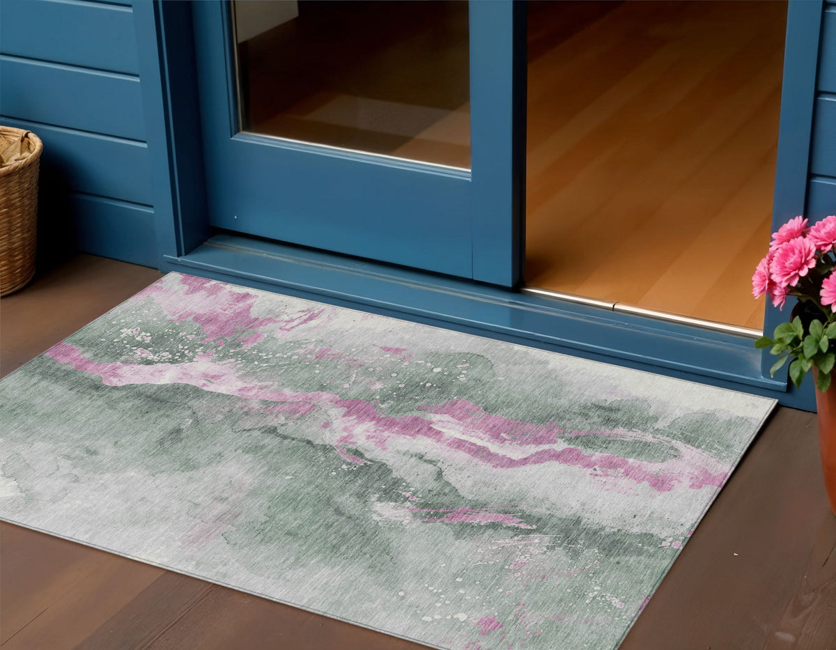3' X 5' Sage And Mauve Abstract Washable Indoor Outdoor Area Rug