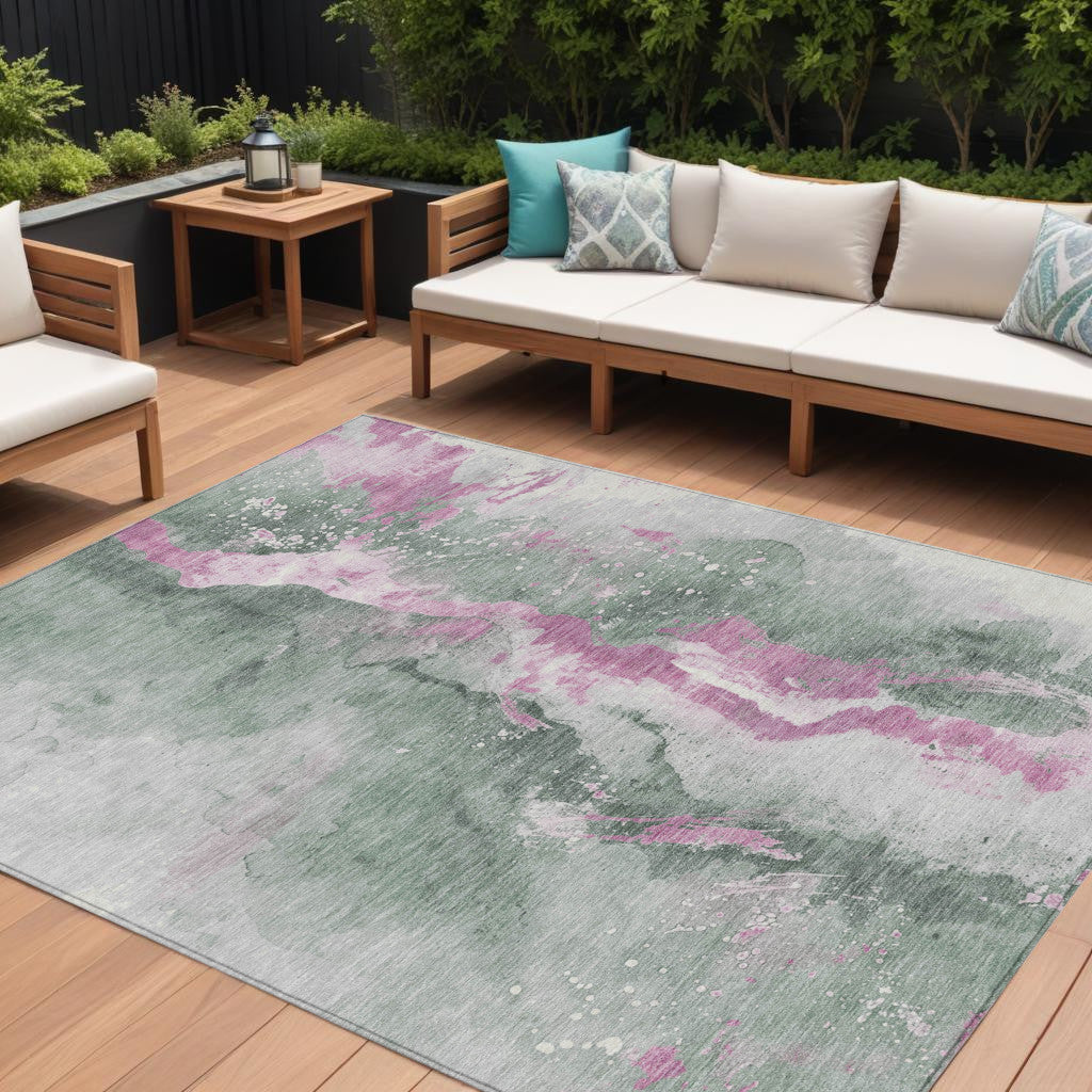9' X 12' Sage And Mauve Abstract Washable Indoor Outdoor Area Rug