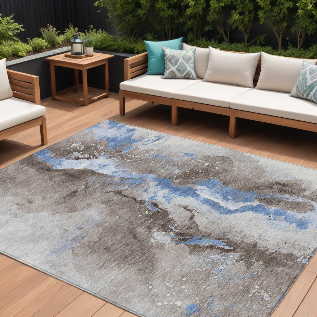 9' X 12' Taupe And Blue Abstract Washable Indoor Outdoor Area Rug