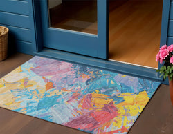 3' X 5' Blue Yellow Pink And Orange Abstract Washable Indoor Outdoor Area Rug
