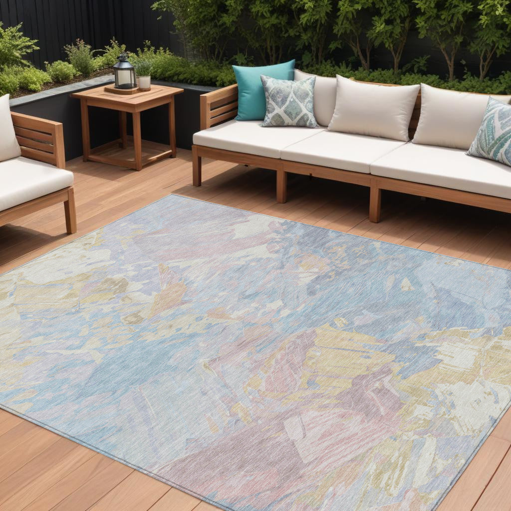 9' X 12' Sky Blue Beige And Gold Abstract Washable Indoor Outdoor Area Rug
