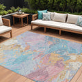 8' X 10' Teal Blue Gold And Pink Abstract Washable Indoor Outdoor Area Rug