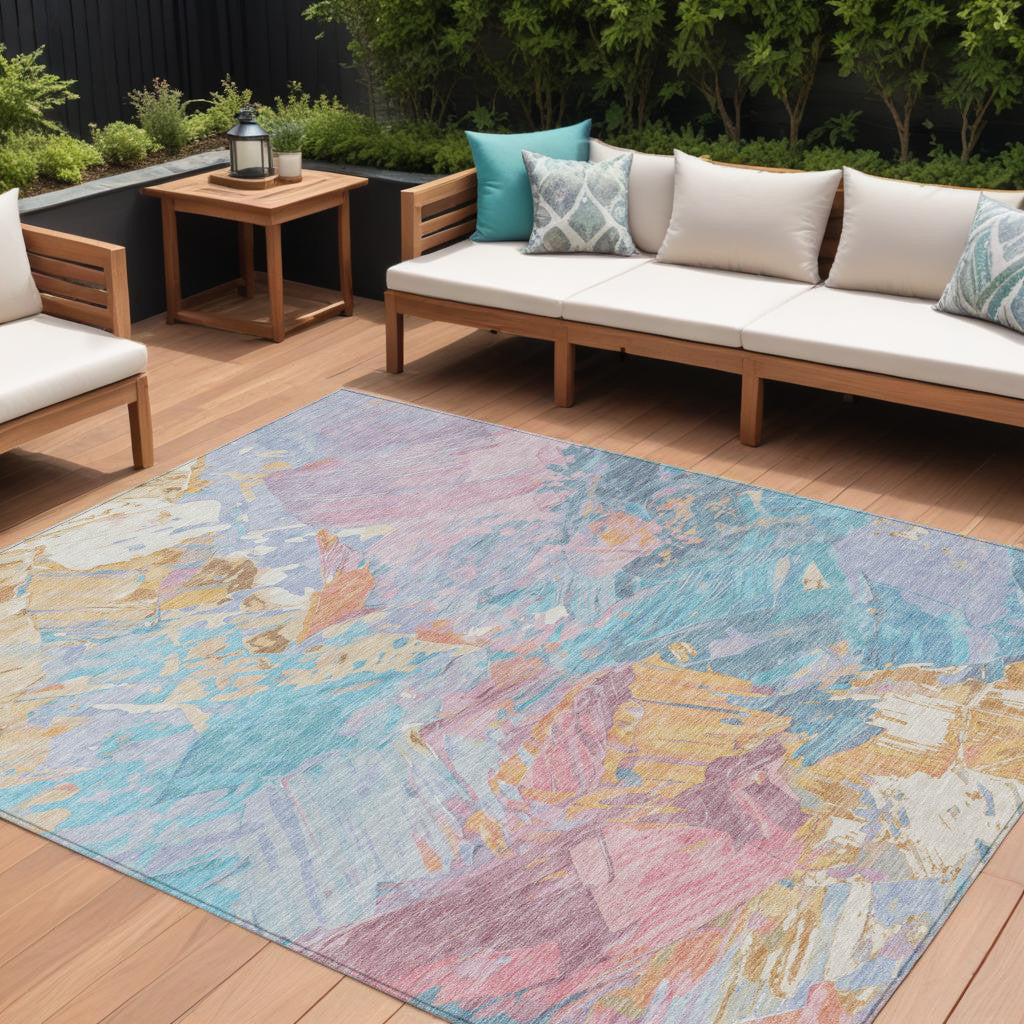 9' X 12' Teal Blue Gold And Pink Abstract Washable Indoor Outdoor Area Rug